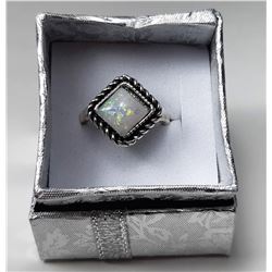 21)  SILVER TONE & WHITE FIRE OPAL RING