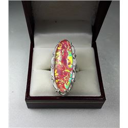 10)  PINK FIRE OPAL RING SET IN SILVER TONE