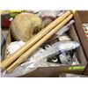 Image 1 : BOX OF ASSORTED ITEMS,SLEDGE HAMMER HANDLE, GLOVES