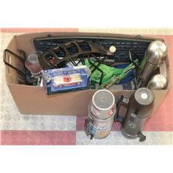 BOX OF MISC ITEMS INCL THERMOS, KEYBOARD