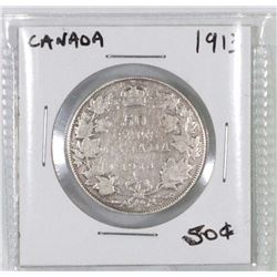 CANADA 1913 FIFTY CENT SILVER COIN.
