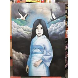 ORIENTAL GIRL ON OCEAN SCENE OIL ON CANVAS,