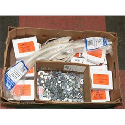 FLAT OF ASSORTED ALUMINUM TRIM NAILS, ZIP TIES &