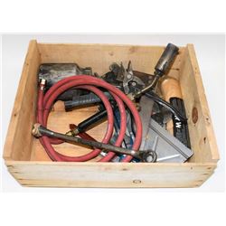 WOOD BOX OF ASSORTED TOOLS INCL PAINT SPRAYER,