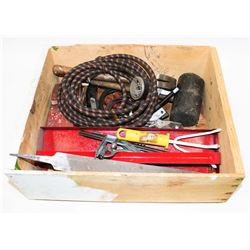 WOOD BOX OF ASSORTED TOOLS