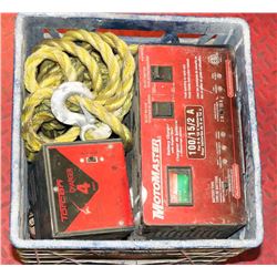 CRATE WITH 2 BATTERY CHARGERS AND TOW ROPE