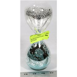 DECORATIVE HOUR GLASS WITH BLUE SAND.
