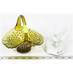 GREEN GLASS DECORATIVE BASKET AND A OTAGIRI