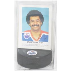 GRANT FUHR 84-85 RED ROOSTER CARD AND PUCK HOLDER.