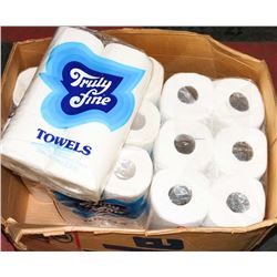BOX OF 16 ASSORTED ROLLS OF PAPER TOWEL.