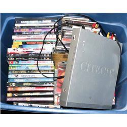 TOTE WITH ASSORTED DVDS, CDS AND CITECH DVD PLAYER