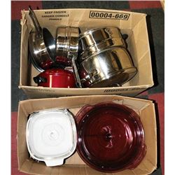 BOX OF POTS, PANS AND CORNINGWARE