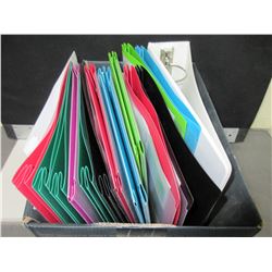 Box full of 3 hole portfolio folders and binder