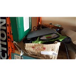 BASKET OF ESTATE GOODS AND HEATED STEERING WHEEL COVER