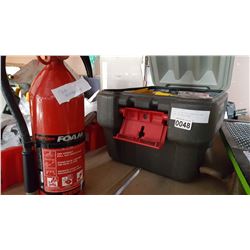 TOTE OF MUFFLER BANDAGES AND FIRE EXTINGUISHER