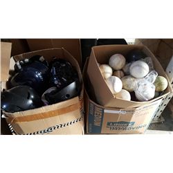 2 BOXES HOCKEY SKATES, HELMETS AND BOX OF BASEBALLS