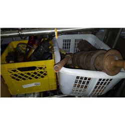 CRATE OF GREASE GUNS AND BASKET OF TOOLS