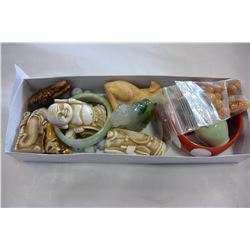 JADE AND STONE CARVED FIGURES AND JEWELLRY