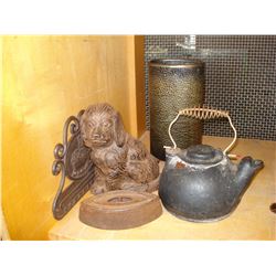 IRON TEAPOT VASE IRON AND DOG FIGURE