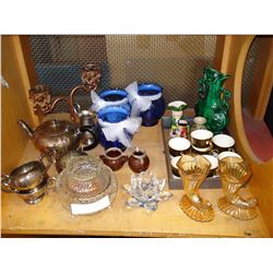 SHELF LOT VARIOUS COLLECTIBLE SILVER GLASS AND POTTERY