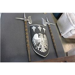 TWO DECORATIVE AXES AND SHIELD