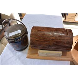 WOOD LOG BOX AND VINTAGE ICE BUCKET