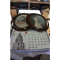TWO VINTAGE OVAL PICTURES AND MAGNETIC WALL CALENDAR