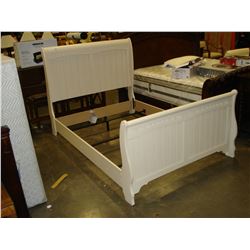 NEW ASHLEY MILLENIUM QUEENSIZE SOLID WOOD AND TAN FABRIC WITH NAILHEAD ACCENT BEDFRAME, RETAIL $1950