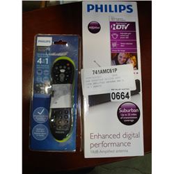 NEW OVERSTOCK PHILIPS HDTV 18DB AMPLIFIED ANTENNA AND 4 IN 1 REMOTE
