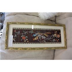 VINTAGE HAND STITCHED EASTERN BIRDS IN GILT FRAME