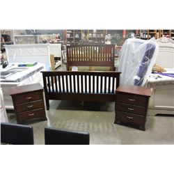 ASHLEY QUEENSIZE MISSION STYLE BEDFRAME AND 2 MATCHING 3 DRAWER NIGHSTANDS, RETAIL $2199, SOLID WOOD