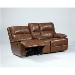 NEW ASHLEY SIGNATURE ELITE GENUINE BROWN STITCHED LEATHER ROCKING RECLINING SOFA, RETAIL $2499
