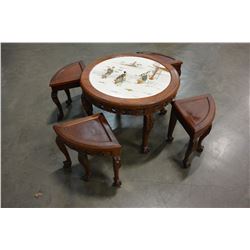 HIGHLY CARVED EASTERN TABLE WITH FOUR STOOLS