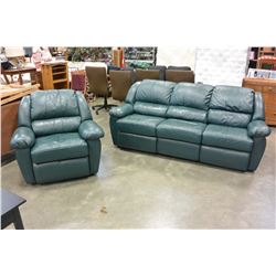 GREEN LEATHER RECLINER SOFA AND ARMCHAIR