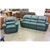 Image 1 : GREEN LEATHER RECLINER SOFA AND ARMCHAIR