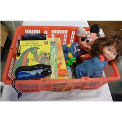 TOTE OF MISC TOYS AND DISNEY BOOKS AND VINTAGE MICKEY MOUSE DOLL AND OTHER DOLL 1973