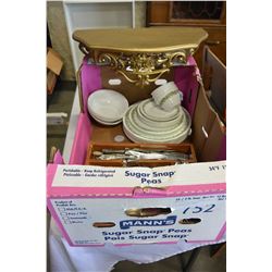 MISC LOT OF CORELLE DISHES AND SILVERWARE AND SHELF