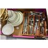 Image 2 : MISC LOT OF CORELLE DISHES AND SILVERWARE AND SHELF