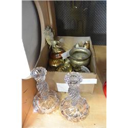 TWO CRYSTAL CANDLESTICKS CRYSTALS AND BRASS DECOR