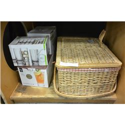 PICNIC BASKET, GLASSES, GARMENT STEAMER