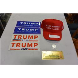 TRUMP HAT STICKERS AND COIN