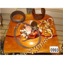 WOOD TRAY AND JEWELRY