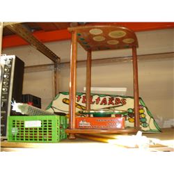 POOL BALLS, POOL CLOCK, CUES, TRIANGLES, CUE STAND, AND BILLARDS LAMP