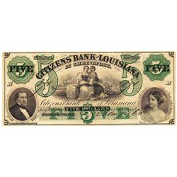 1860 $5 Citizens' Bank of Lousiana at Shreveport Obsolete Bank Note