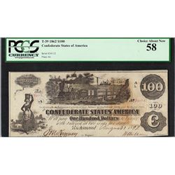 1862 $100 Confederate States of America Note T-39 PCGS Choice About New 58