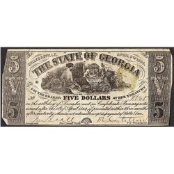 1864 $5 The State of Georgia Obsolete Note