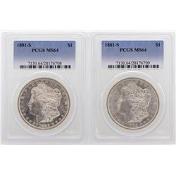 Lot of (2) 1881-S $1 Morgan Silver Dollar Coins PCGS MS64