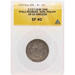 1727-IGW Pfalz-Neuburg Karl Philipp AR 20 Kreuzer Coin ANACS XF40