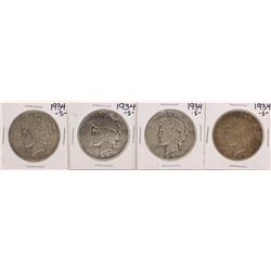 Lot of (4) 1934-S $1 Peace Silver Dollar Coins