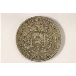 1922 VENEZUELA SILVER 2 BOLIVAR